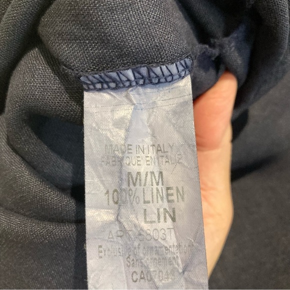 ROSEMARINE Sz M 100% Linen Ruffle Open Collar Tab Sleeve Made In Italy Blouse - Picture 7 of 8